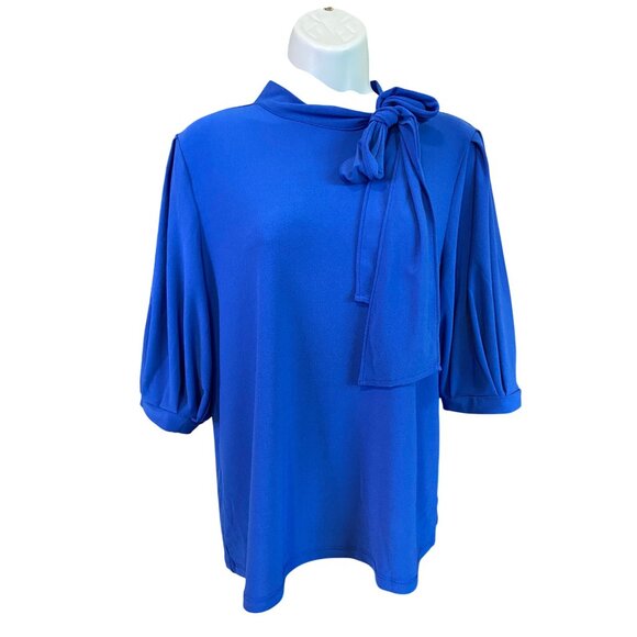 CeCe Blouse M Royal Blue Keyhole Back 3/4 Sleeve Tie Neck Elegant Design Career - Picture 2 of 8
